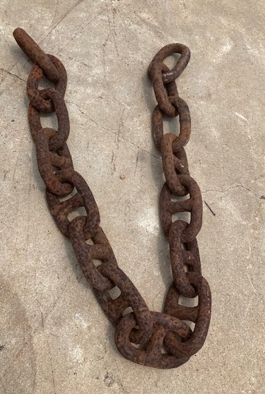 Two links of an anchor chain forged from puddled iron with cast iron stubs,  late 18th to mid 19th century