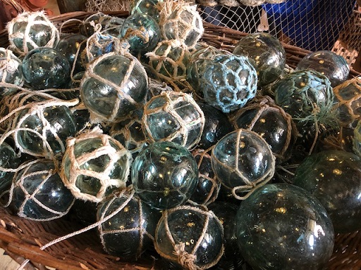 Set of 4 Japanese Glass Fishing Floats, Original Nets