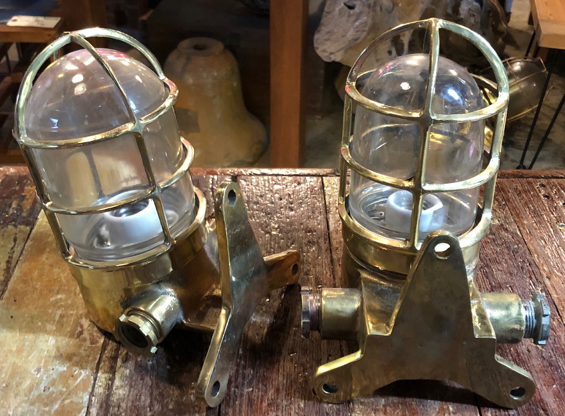 Small Brass Vintage Ship Oval Caged Bulkhead Light •